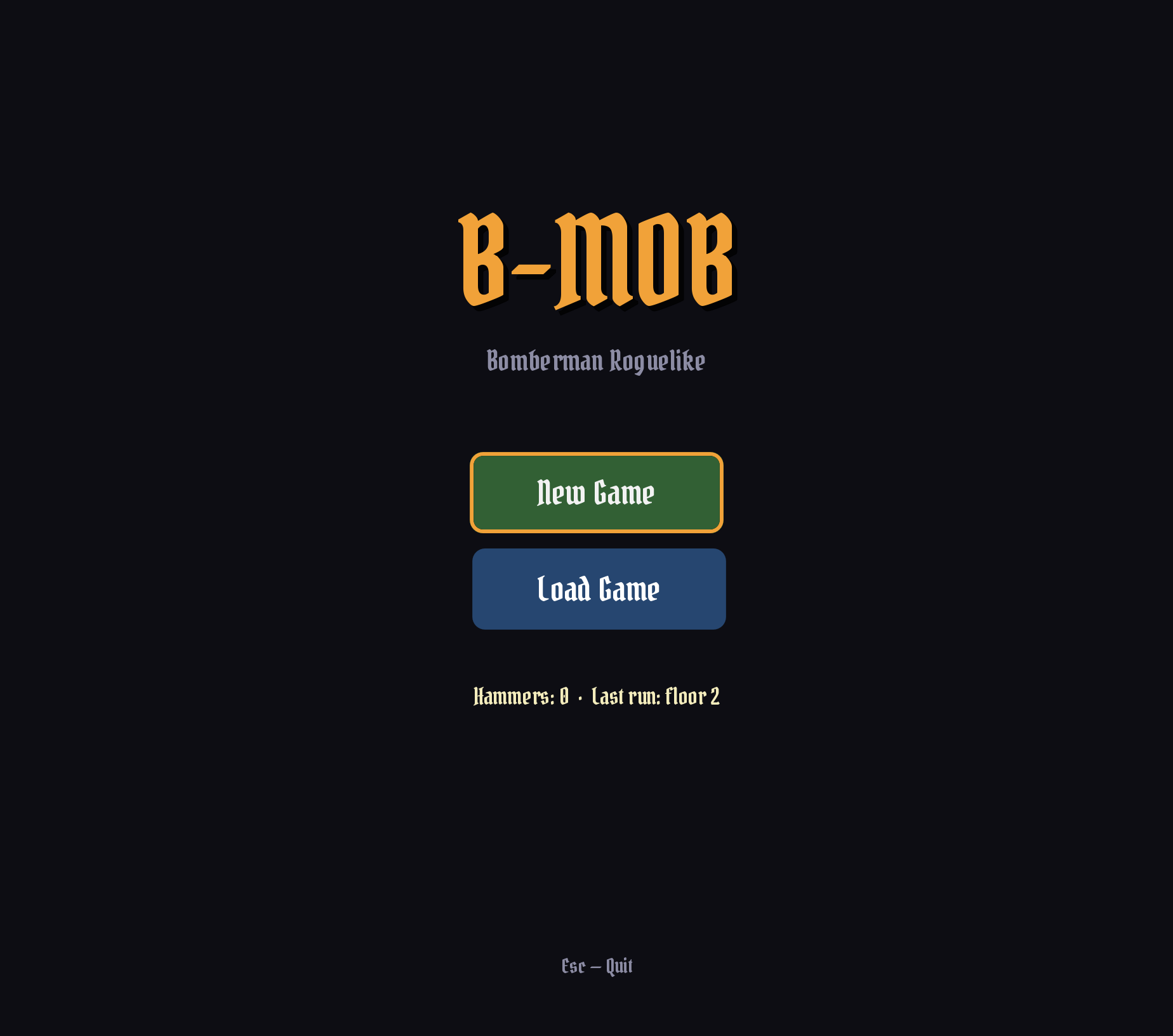 B-Mob's main menu: the orange B-MOB title over 'Bomberman Roguelike', with New Game and Load Game buttons on a dark background.