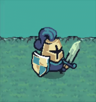 Animated pixel-art knight from PixelFrog's Tiny Swords asset pack, holding a sword and shield on a grassy field.