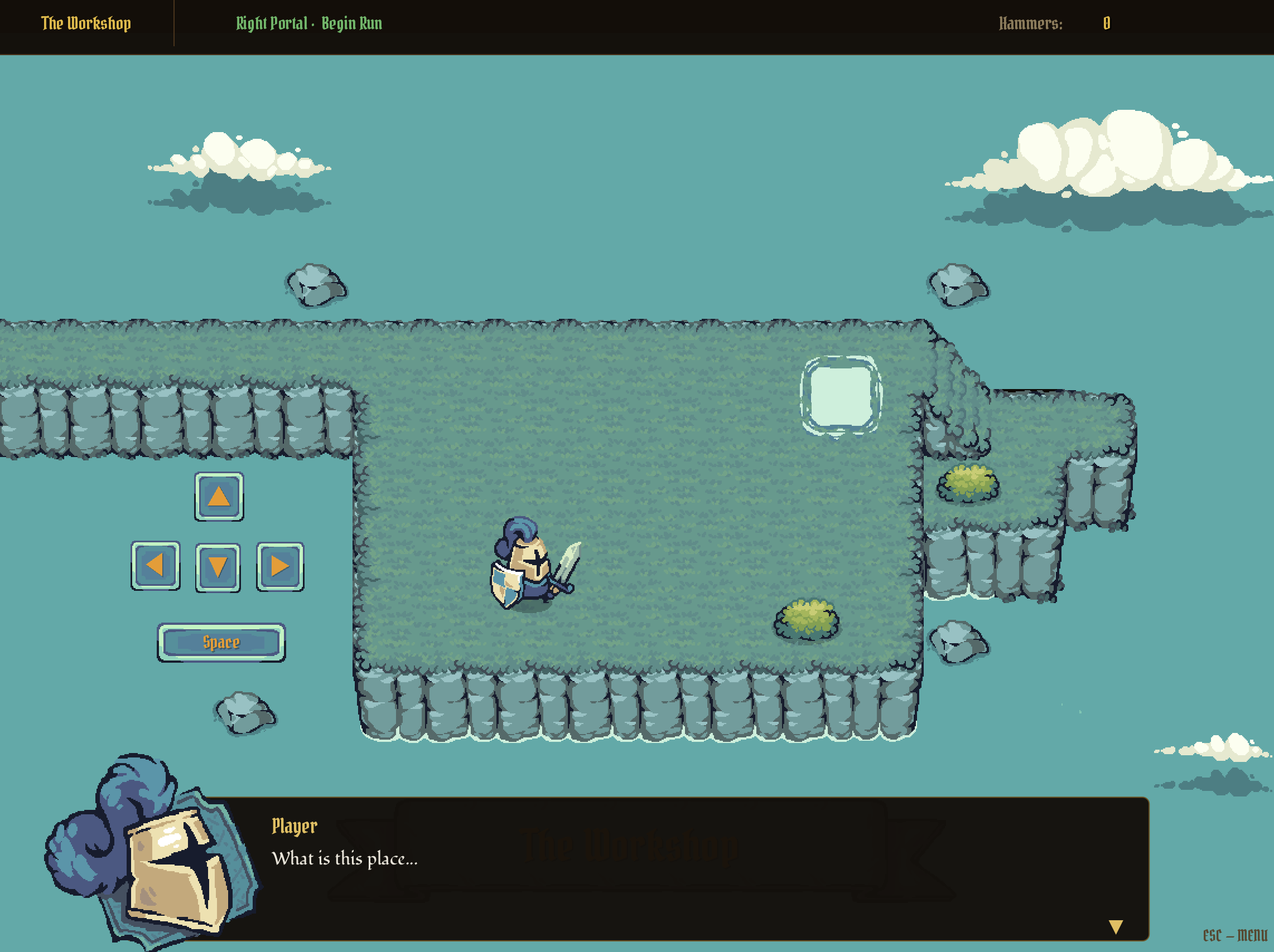 The Workshop — the player character stands in a grassy clearing, a glowing portal ahead of them. A dialogue box at the bottom reads: What is this place...