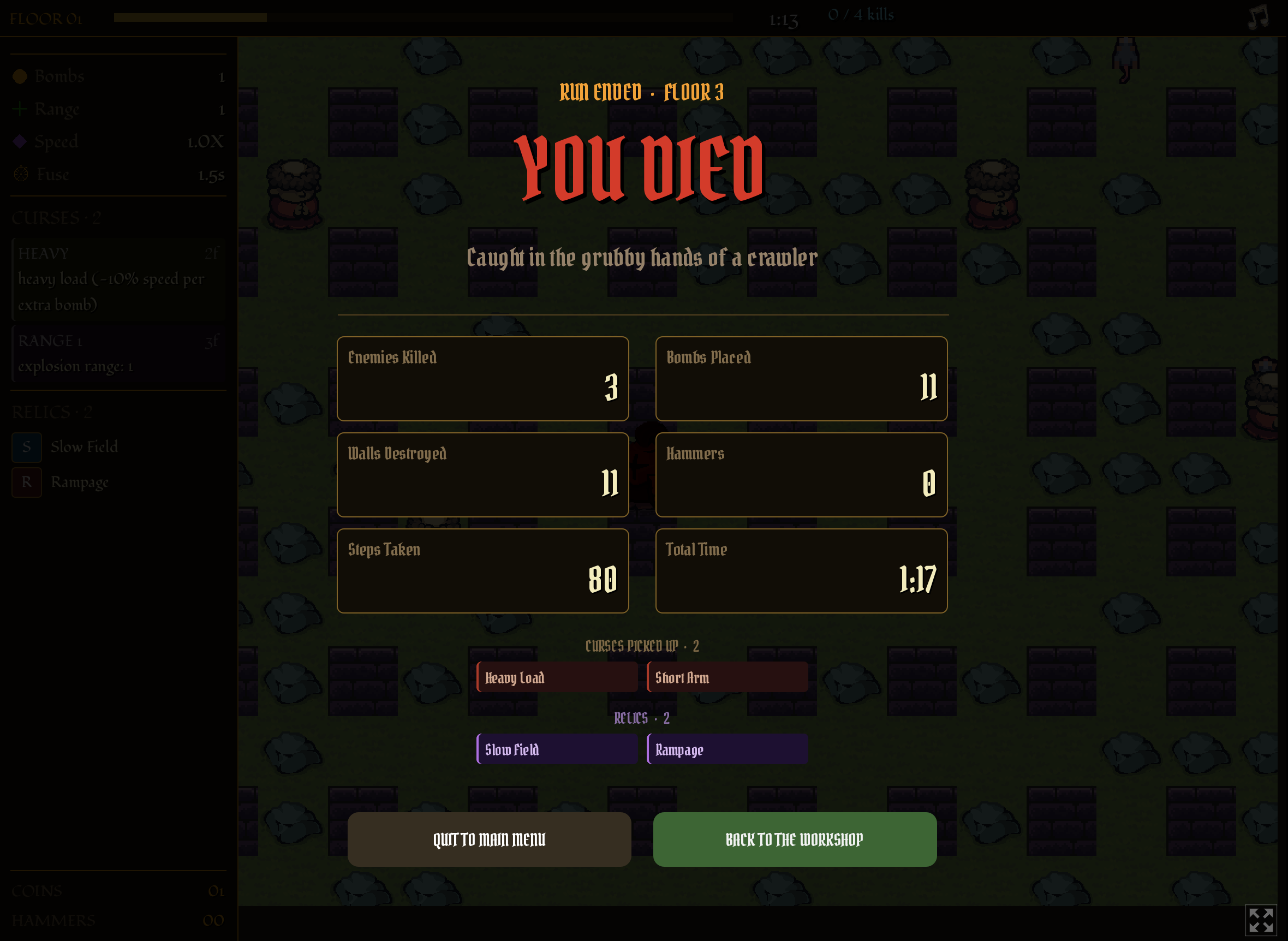 Run Ended screen — Floor 3, YOU DIED, Caught in the grubby hands of a crawler. Stats: 3 enemies killed, 11 bombs placed, 11 walls destroyed, 80 steps taken, 1:17 total time. Curses: Heavy Load, Short Arm. Relics: Slow Field, Rampage.