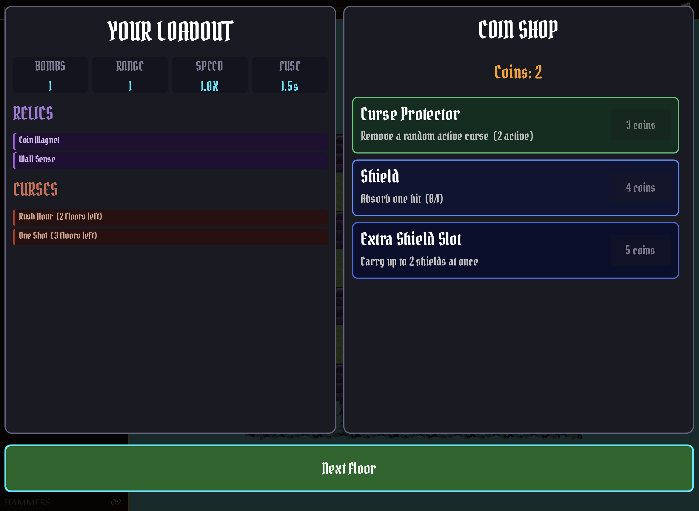 The between-floor loadout screen — Your Loadout panel on the left showing bombs, range, speed, fuse, relics and curses; the Coin Shop on the right offering Curse Protector, Shield, and Extra Shield Slot. A Next Floor button sits at the bottom.