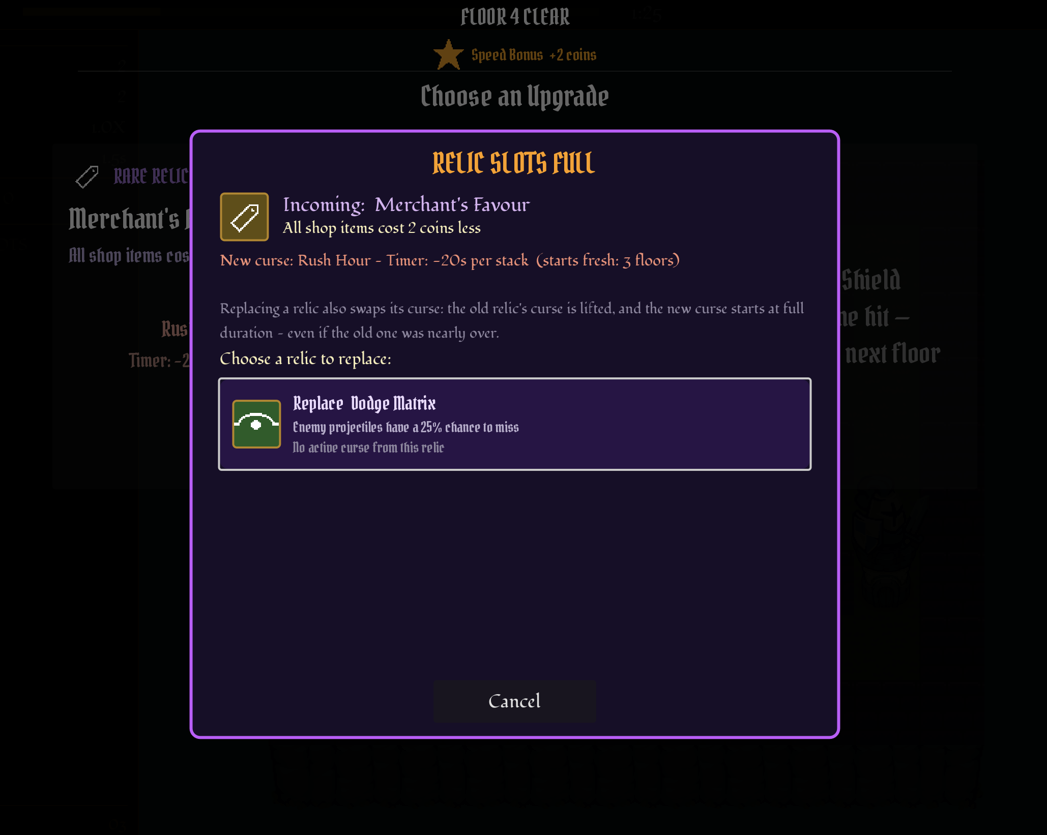 The relic slots full screen — Merchant's Favour incoming with its Rush Hour curse listed, and a prompt to replace the currently held Dodge Matrix relic.