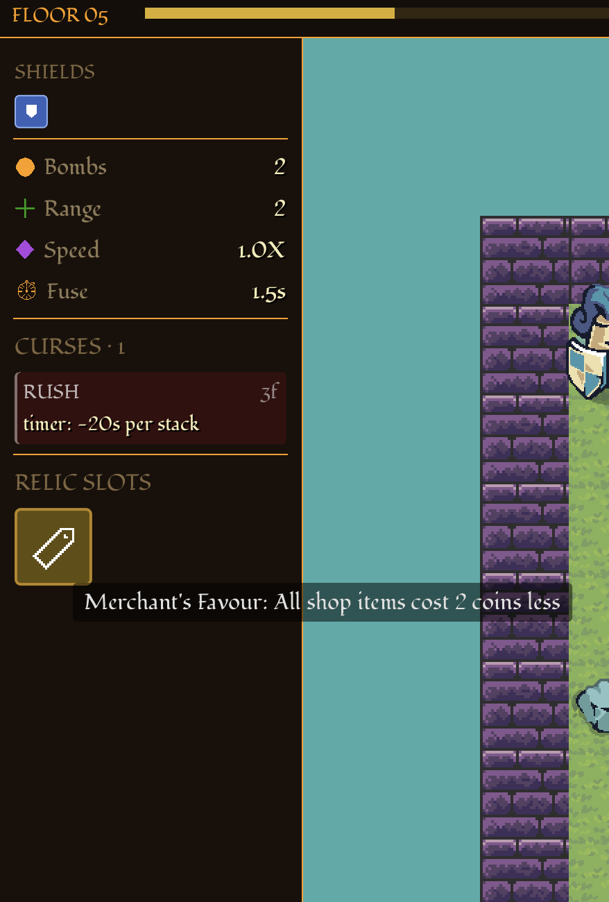 The relic slots panel in the run HUD, showing one slot holding Merchant's Favour and the Rush Hour curse it carries.