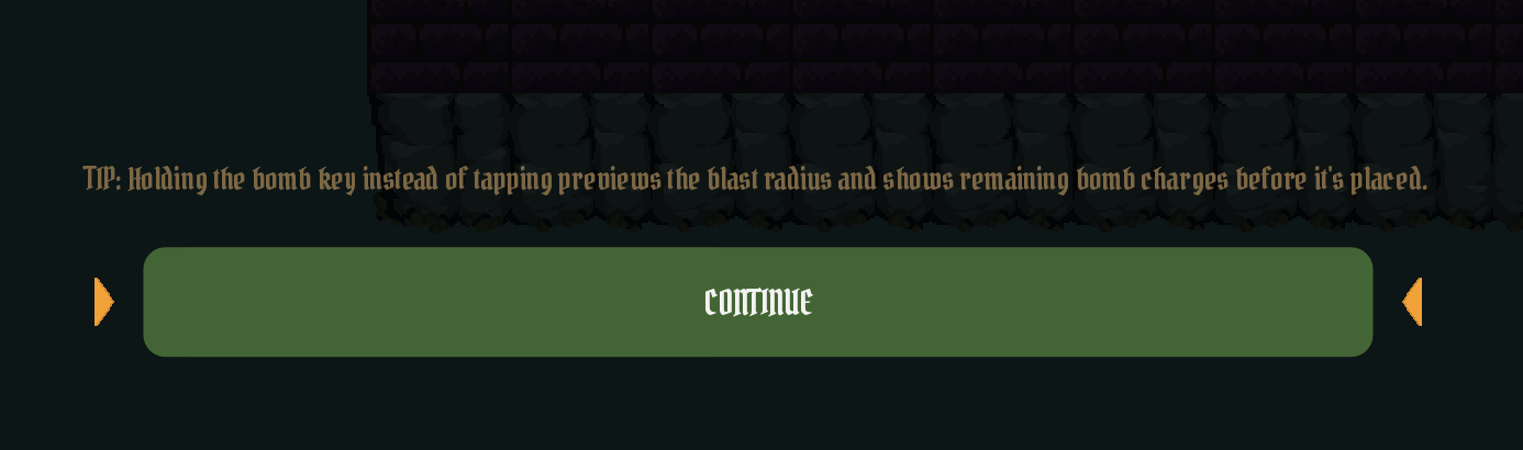 The bottom of the death screen, showing a tip about holding the bomb key to preview the blast radius, with orange markers pointing at the Continue button.