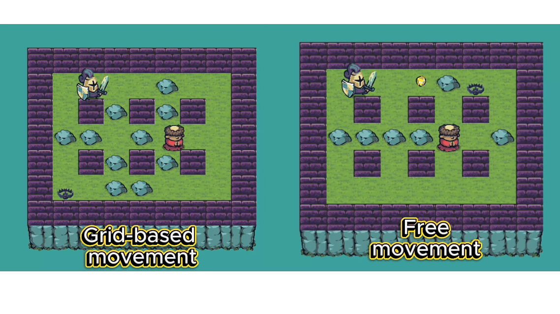 Two clips side by side, labelled grid-based movement and free movement, showing the same character crossing a floor under each system.